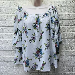 SIGNATURE STUDIO Plus 1X White Floral Gauze Cold Shoulder Tassel Blouse • EX‼